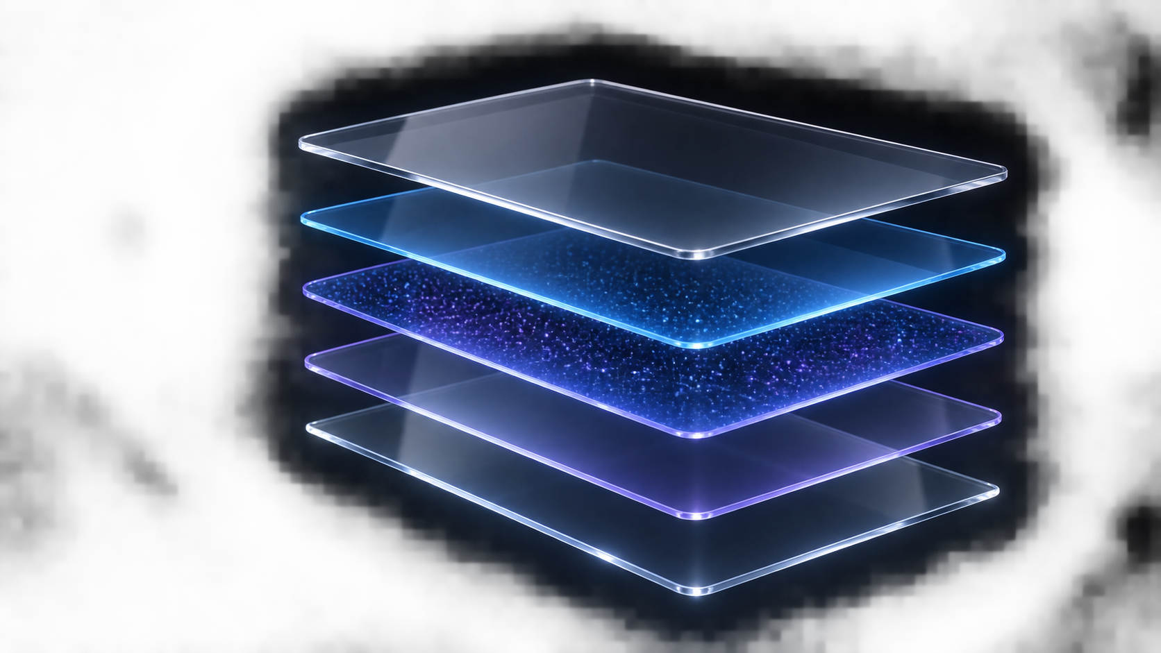 Exploded view of the five UV99+1 glazing film layers, stacked from the protective hardcoat down to the precision bonding layer